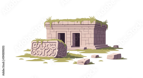 Ancient ruins with overgrown vegetation and stone carvings in a flat design