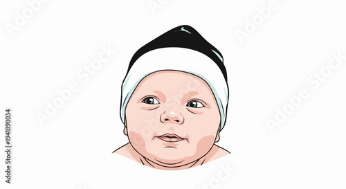A close-up illustration of a baby's face wearing a black and white hat