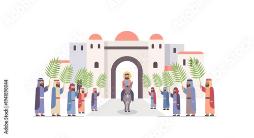 Palm sunday celebration in ancient city with donkey and crowds