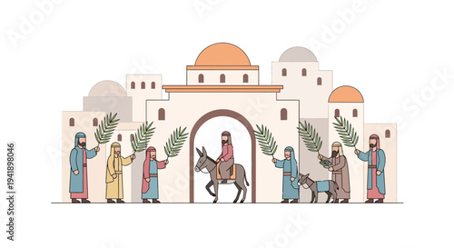 Palm sunday celebration in jerusalem with jesus riding a donkey in linear style
