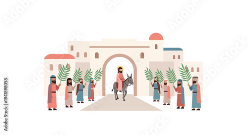 Palm sunday celebration in ancient city: flat design depiction with people and donkey