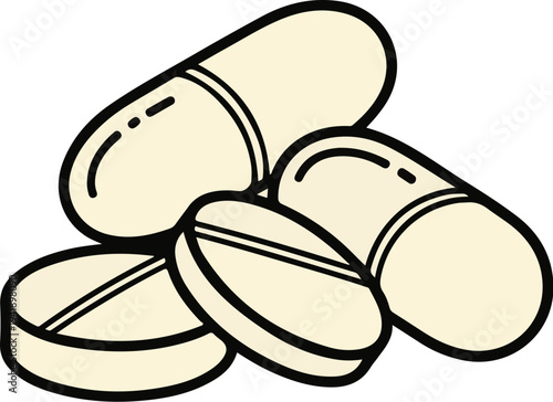 A close-up illustration of several pharmaceutical capsules and tablets