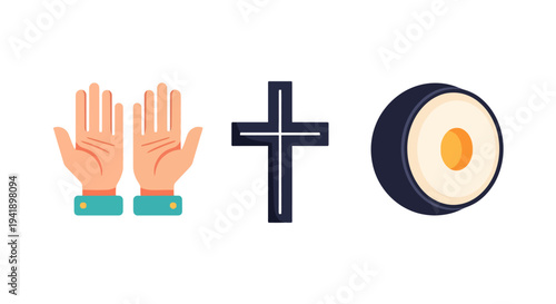 Flat style icons: praying hands, cross, and candle for spiritual design