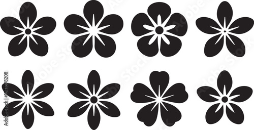 Eight black and white stylized flower with white centers and petals desi