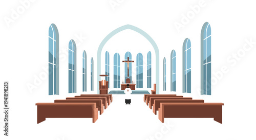 Modern church interior with priest in minimalist style