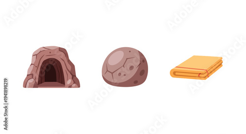 Cute stone age icons set: cave, boulder, cloth in cartoon style