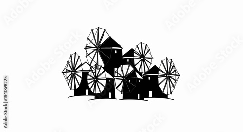 A cluster of black and white windmills with rotating sails against a white background