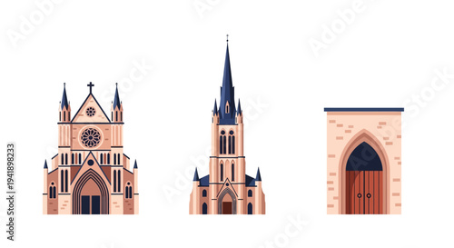 Gothic architecture: cathedral facades with tower, rose window, arched doorway