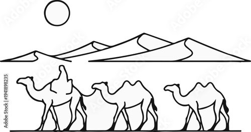 A camel caravan traverses sand dunes under a circular sun