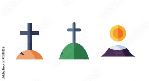 Colorful minimalist cross and hill symbols in flat design style