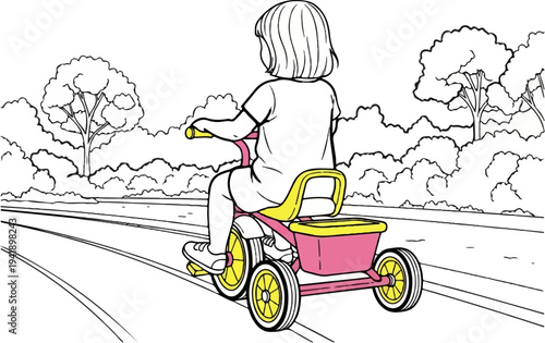 A child rides a pink and yellow tricycle down a road with trees