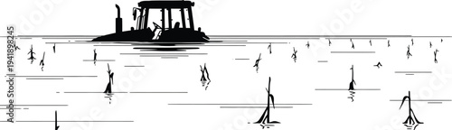 Black silhouette of people on beach with pier and gazebo in background isolated on white background