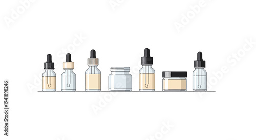Variety of dropper and jar containers for cosmetics and skincare in minimalist line art