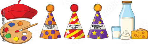 Artist Beret and Paint Palette with Birthday Party Hats and Dairy Milk Cheese Vector Illustration Collection
