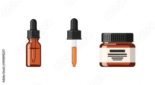 Modern apothecary bottles with dropper and jar on white background