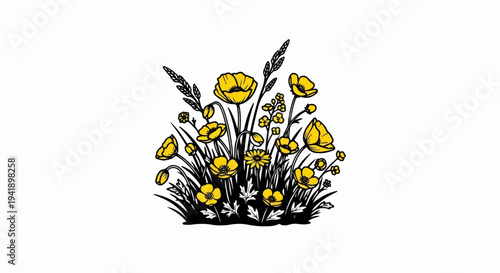 A cluster of cheerful yellow flowers and green grass with a black outline