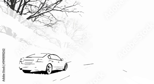 A car drives on a snowy road under bare winter trees