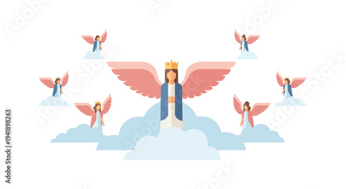 Heavenly angels in soft pastel tones with majestic wings on clouds