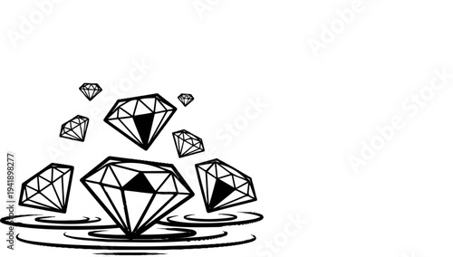 A cluster of faceted diamonds scatter above a rippling water surface