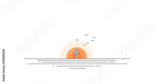 Minimalist sunset with cross and birds over ocean horizon