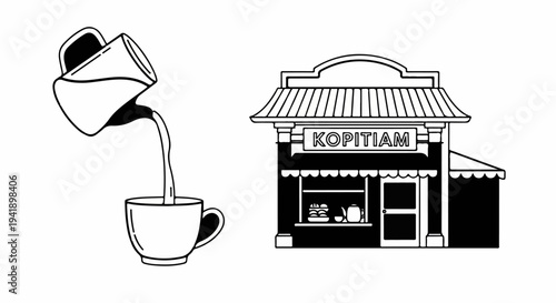 A coffee shop building with a sign. A jug pours liquid into a cup