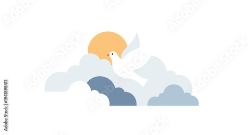 Peaceful dove flying in minimalist cloudscape with sun in background