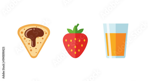 Breakfast trio: chocolate toast, fresh strawberry, and orange juice icons