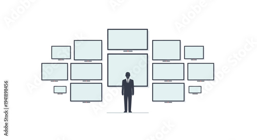Businessman surrounded by multiple screens in a minimalist design