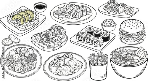 A collage of diverse culinary delights, featuring sushi, burgers, and bowls