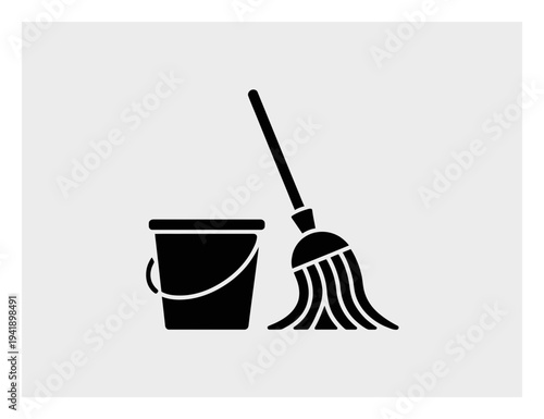 Black Silhouette of a Mop and Bucket on a Light Gray Background