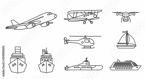 A collection of black and white line art illustrations of various modes of transportation