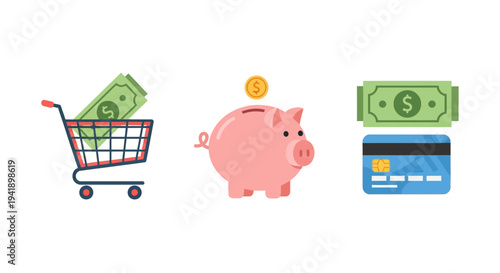 Financial planning symbols: shopping, saving, and spending icons in flat style