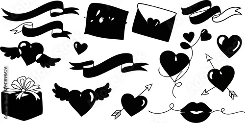 A collection of black and white romantic graphics featuring hearts, ribbons, and lips