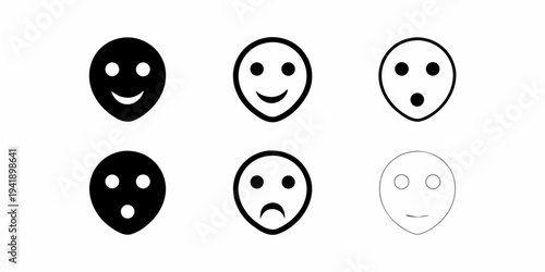 Six oval shaped faces with varying expressions in a simple design