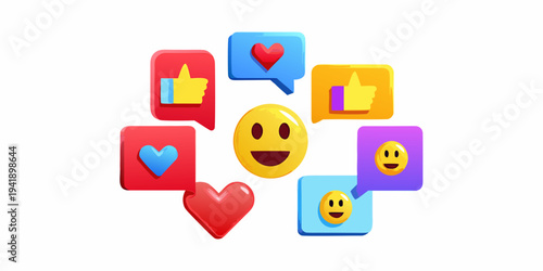 Colorful collection of social media icons hearts and smiling emoticons