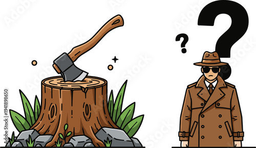 Axe embedded in tree stump and mysterious detective with question mark illustration set representing investigation, mystery solving and problem concept