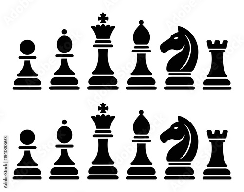 Black and White Chess Pieces Silhouette King, Queen, Bishop, Knight, Rook, Pawn