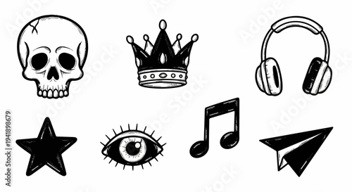 A collection of black and white sketch-style icons skull, crown, headphones, star, eye, music note, paper airplane