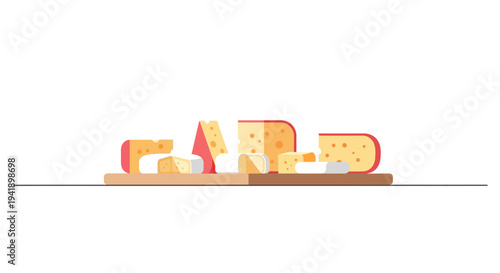 Cheese variety on wooden cutting board with minimalist art style