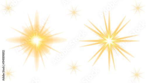 Abstract art of two radiant yellow sunbursts on white background