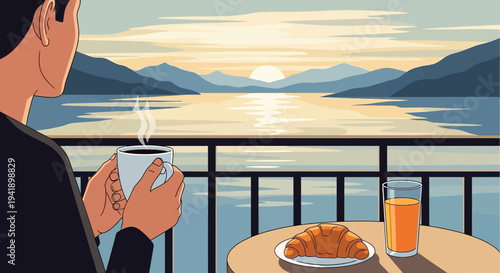 Man Enjoying Coffee and Sunrise Over Lake Mountains from Balcony