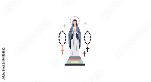 Minimalist religious icon with rosary beads and saint halo