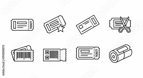 A collection of eight different line art ticket icons on a white background