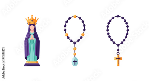 Flat style religious icons: virgin mary statue and rosary beads design