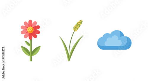 Colorful flat nature elements: flower, wheat, and cloud icons for design projects