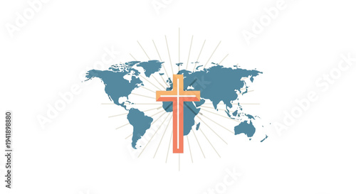 World map with central cross: symbol of global unity and faith