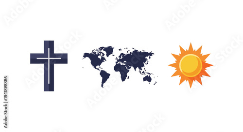 Faith and nature: cross, world map, and sun symbols in harmony