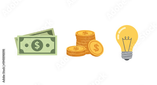 Money and ideas concept with cash, coins, and lightbulb symbolizing financial creativity