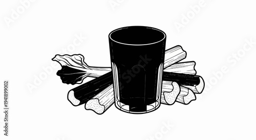 A black and white line drawing of a glass filled with dark liquid and surrounded by celery stalks