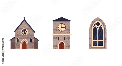 Medieval church icon set featuring gothic architecture and stone details